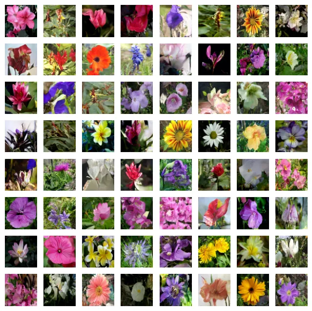 Historical unconditional Oxford Flowers grid using 1000-step DDPM sampling